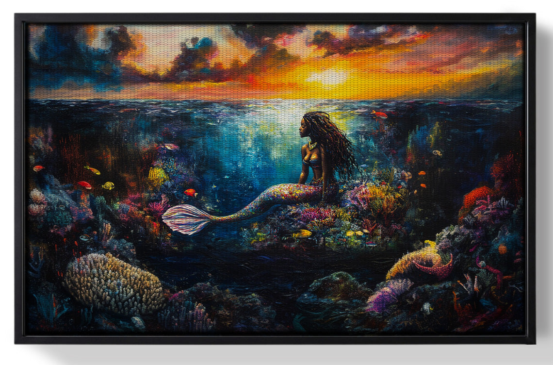 Framed Black Mermaid Sunset Ocean Caribbean wall art for home decor