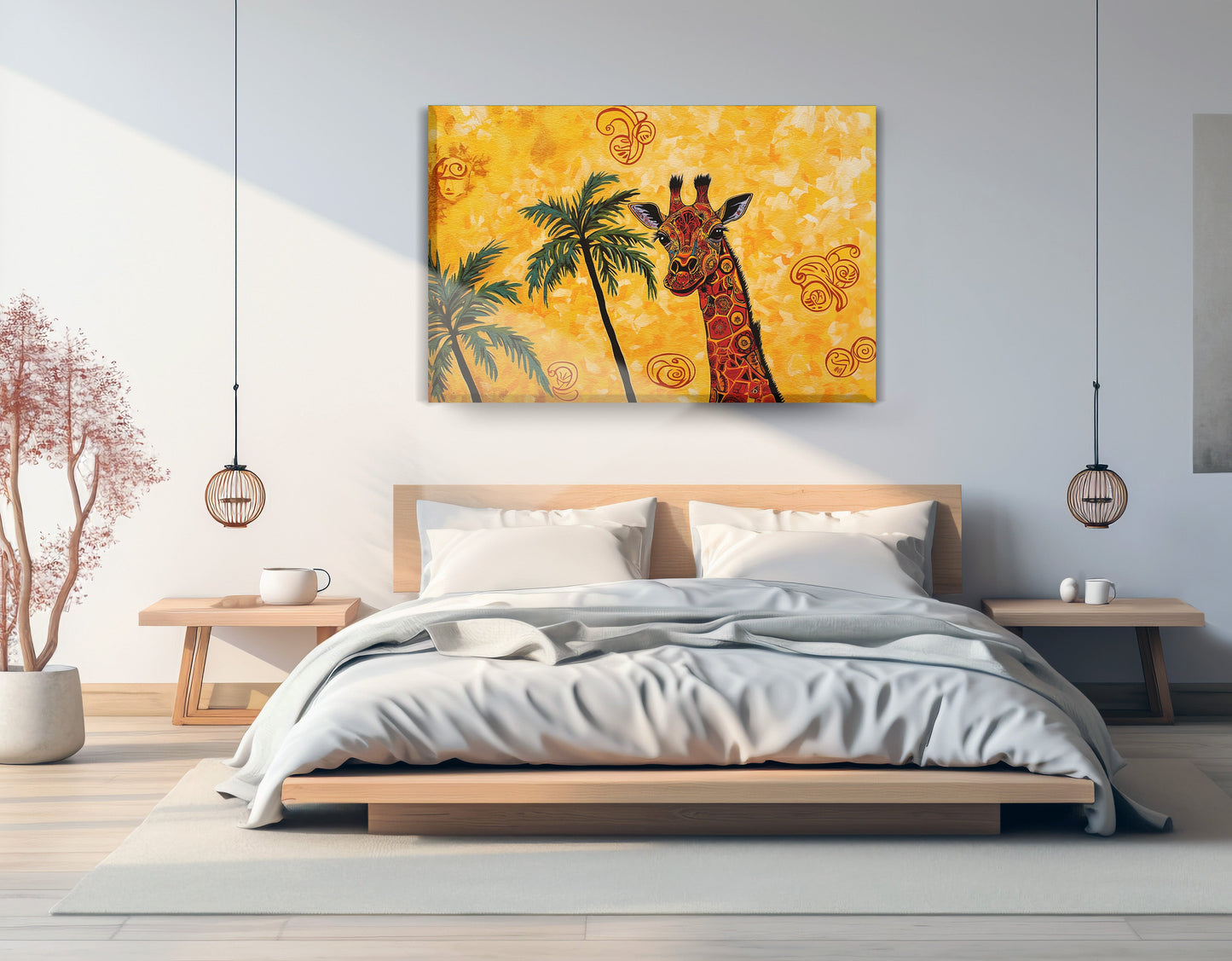Yellow Giraffe Palm Tree African American canvas print displayed as bedroom wall decor