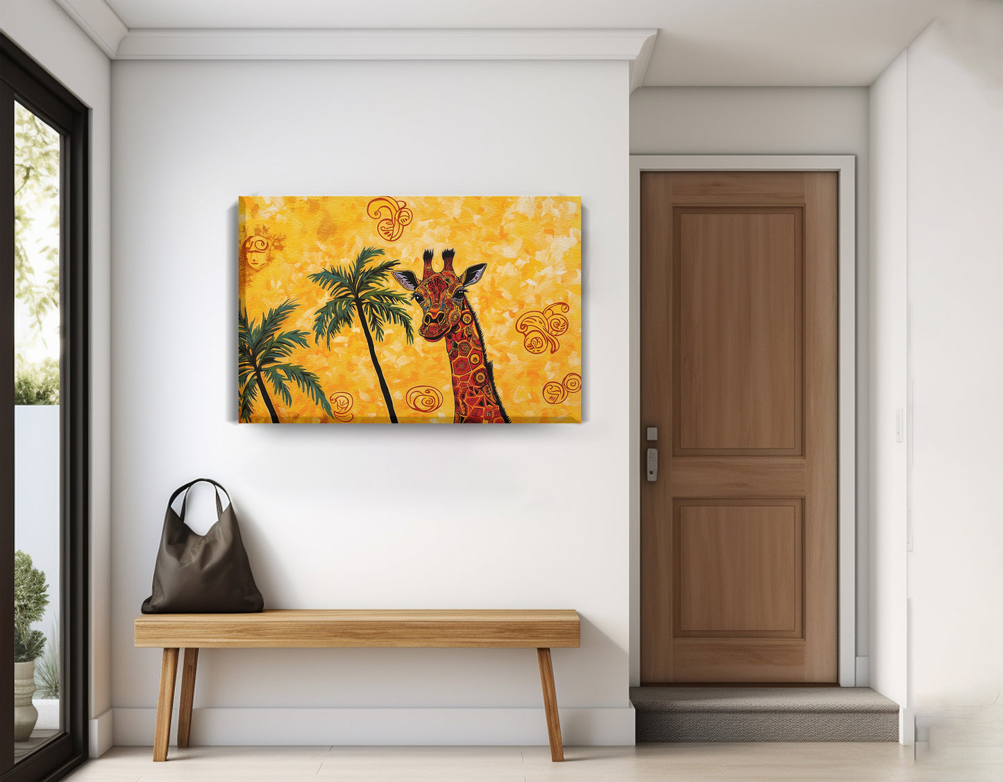 Yellow Giraffe Palm Tree African American canvas print displayed as entryway wall decor