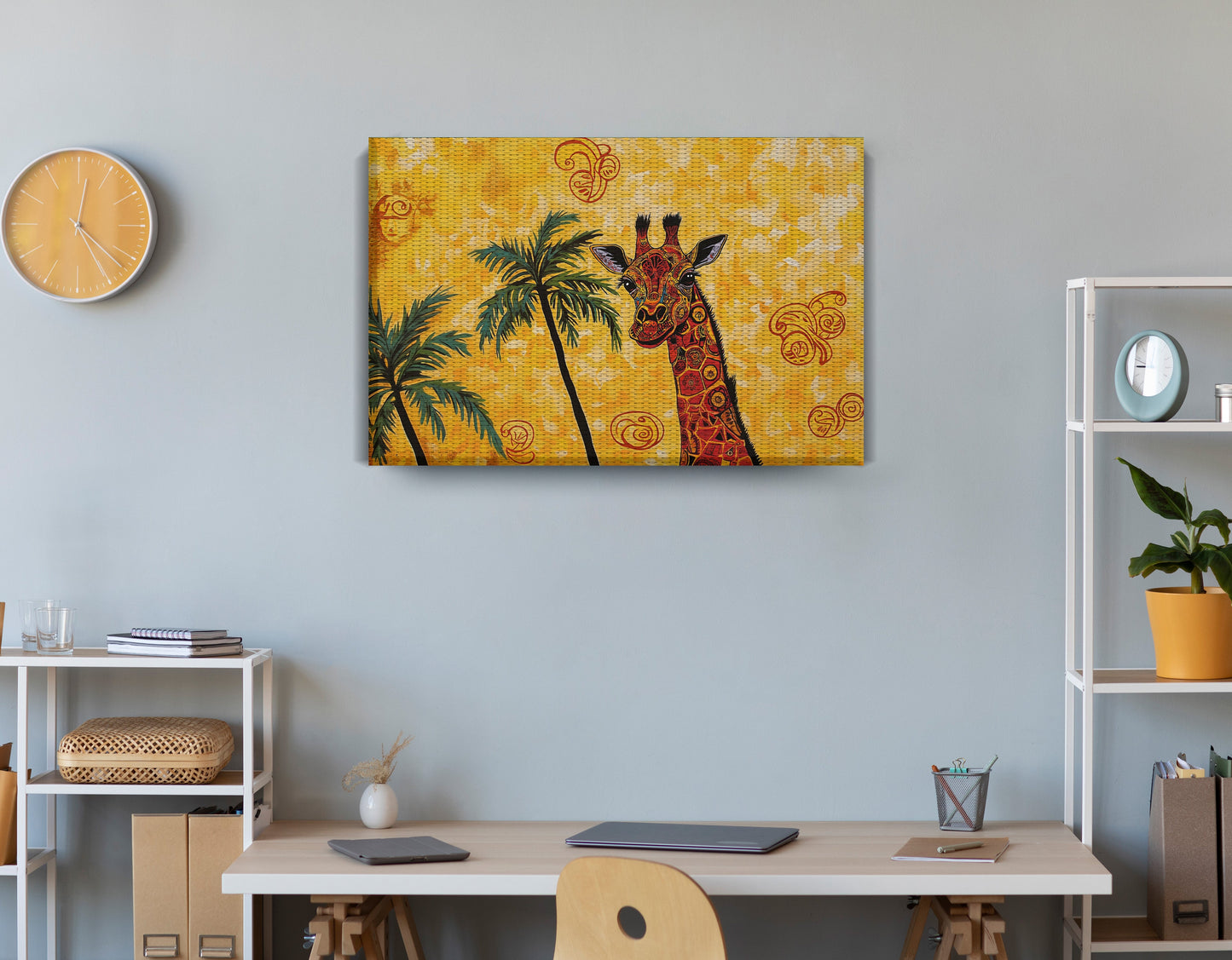 Yellow Giraffe Palm Tree African American canvas print displayed as office wall decor