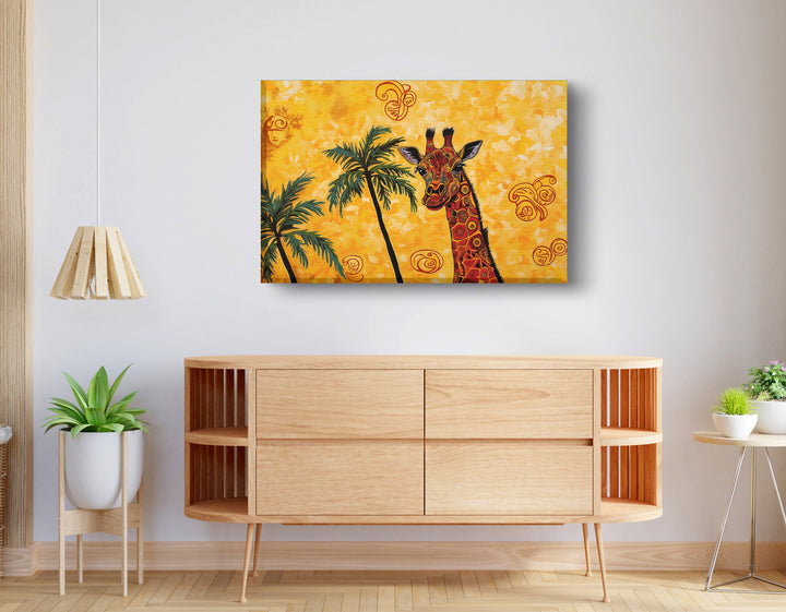 Yellow Giraffe Palm Tree Wall Art