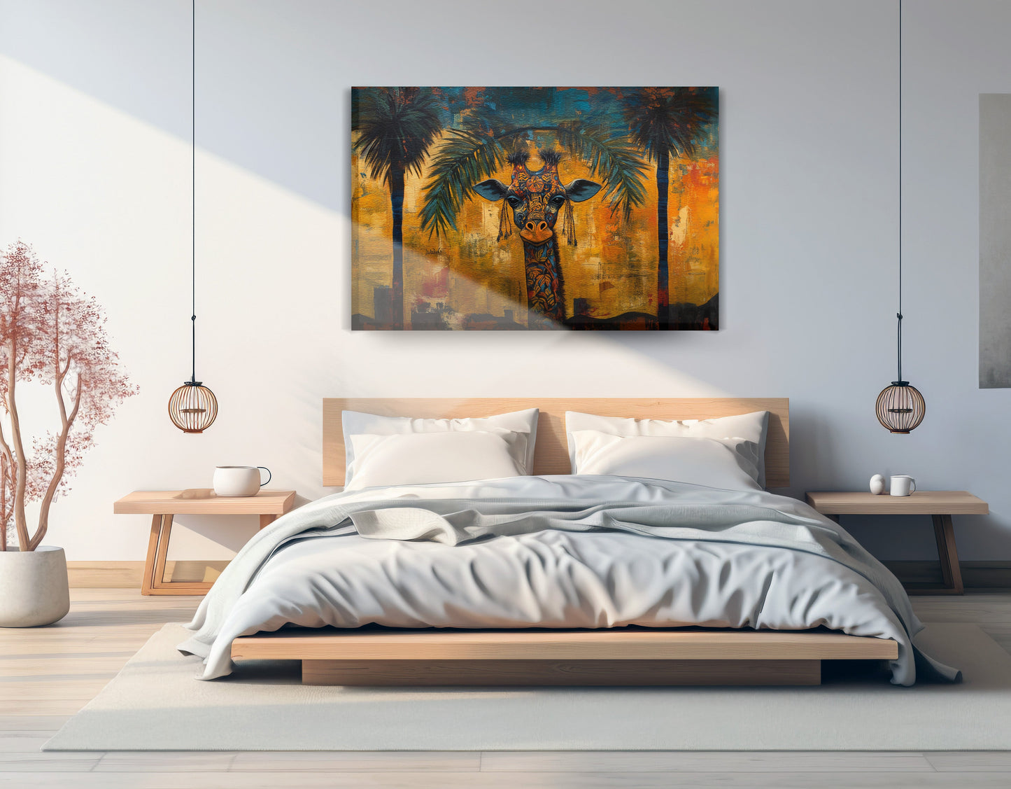 Giraffe Tropical Palm Black Caribbean wall art displayed as bedroom wall decor