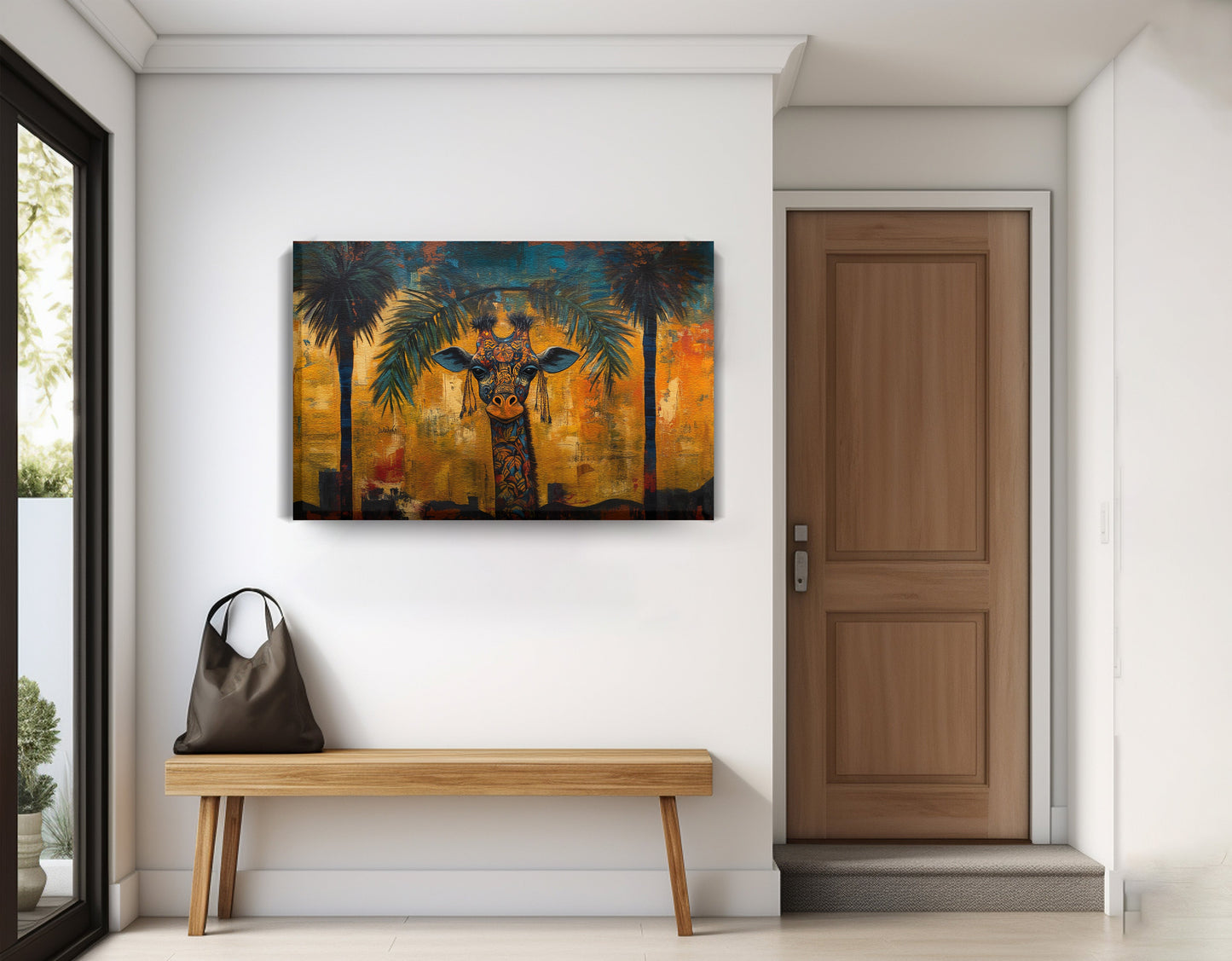 Giraffe Tropical Palm Black Caribbean wall art displayed as entryway wall decor