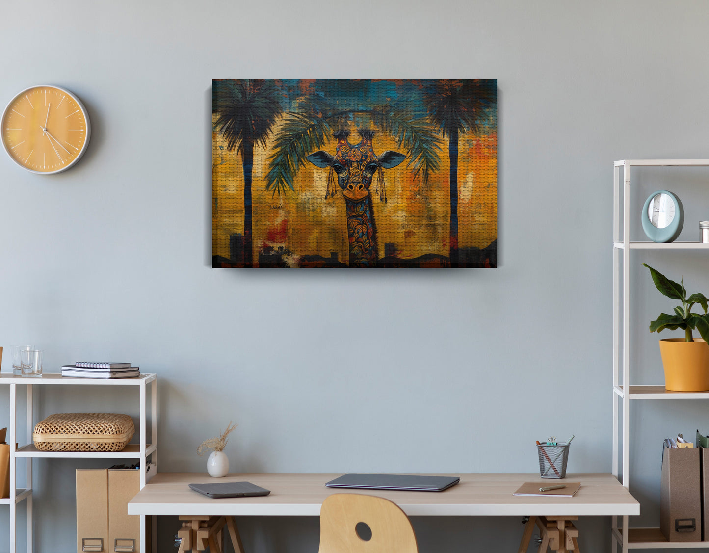 Giraffe Tropical Palm Black Caribbean wall art displayed as office wall decor