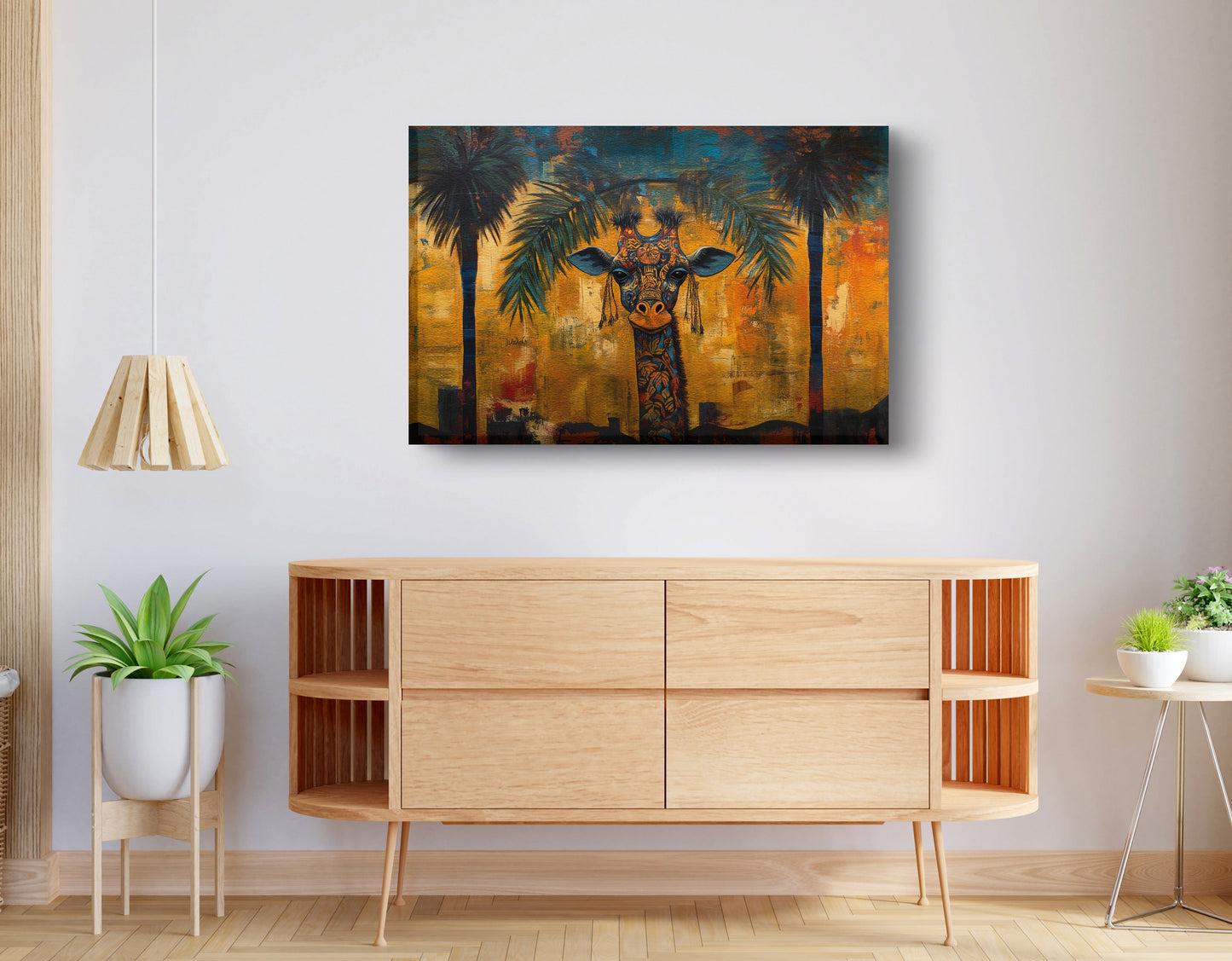 Giraffe Tropical Palm Black Caribbean wall art displayed as living room wall decor