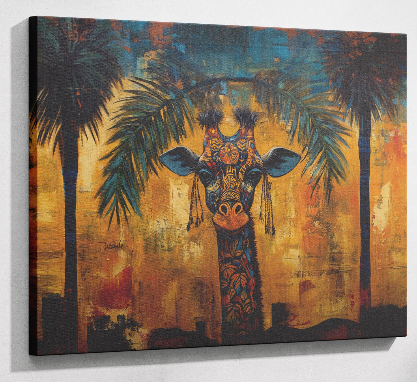 Giraffe Tropical Palm Black Caribbean wall art canvas print with visible wall art format