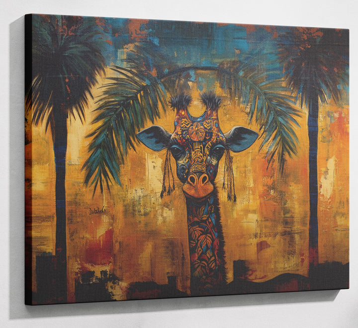 Giraffe Tropical Palm Black Caribbean wall art canvas print with visible wall art format