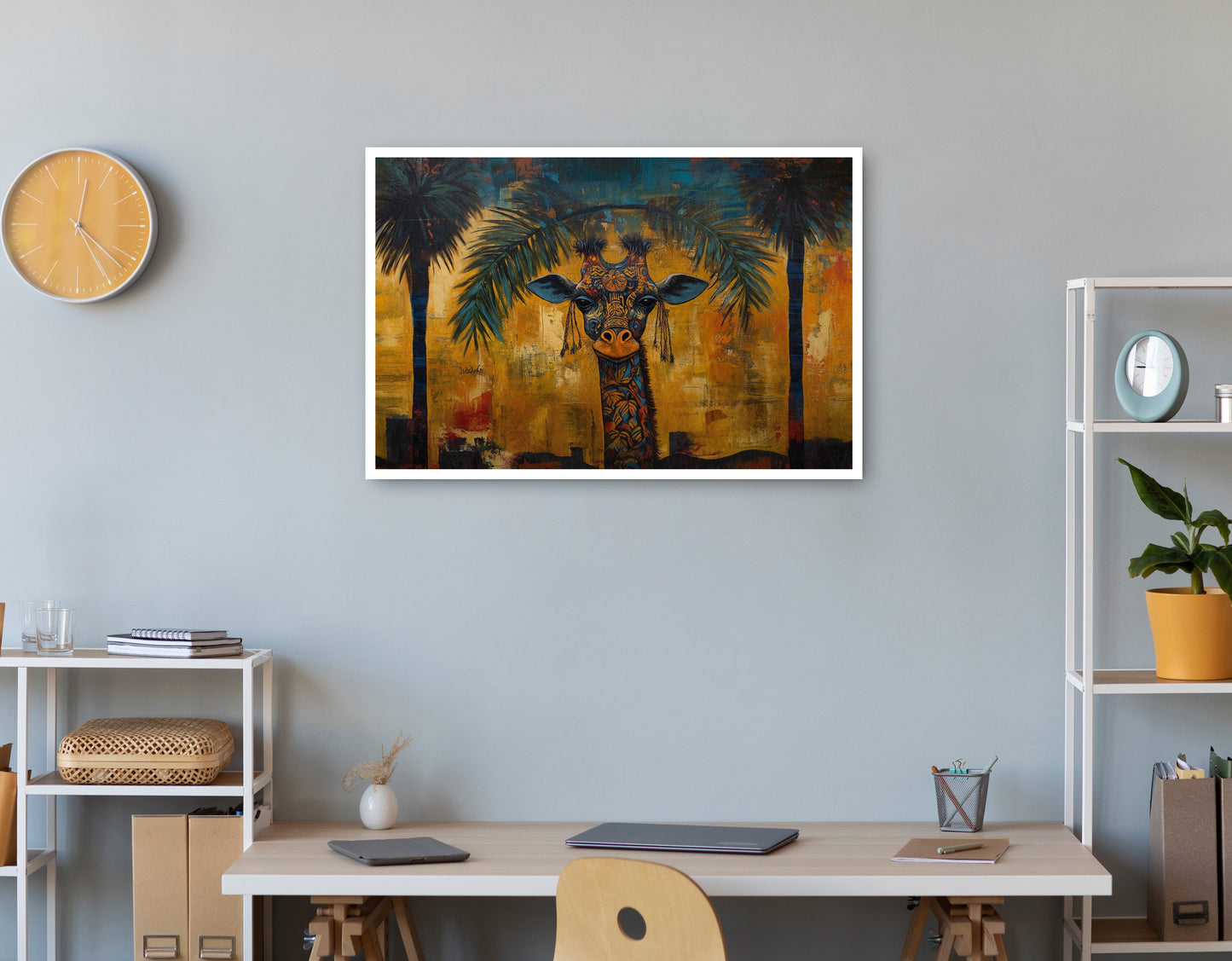 Giraffe Tropical Palm Black Caribbean wall art print view