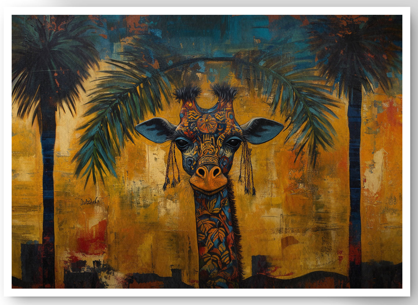 Giraffe Tropical Palm Black Caribbean wall art canvas print by MoomZee Artwork