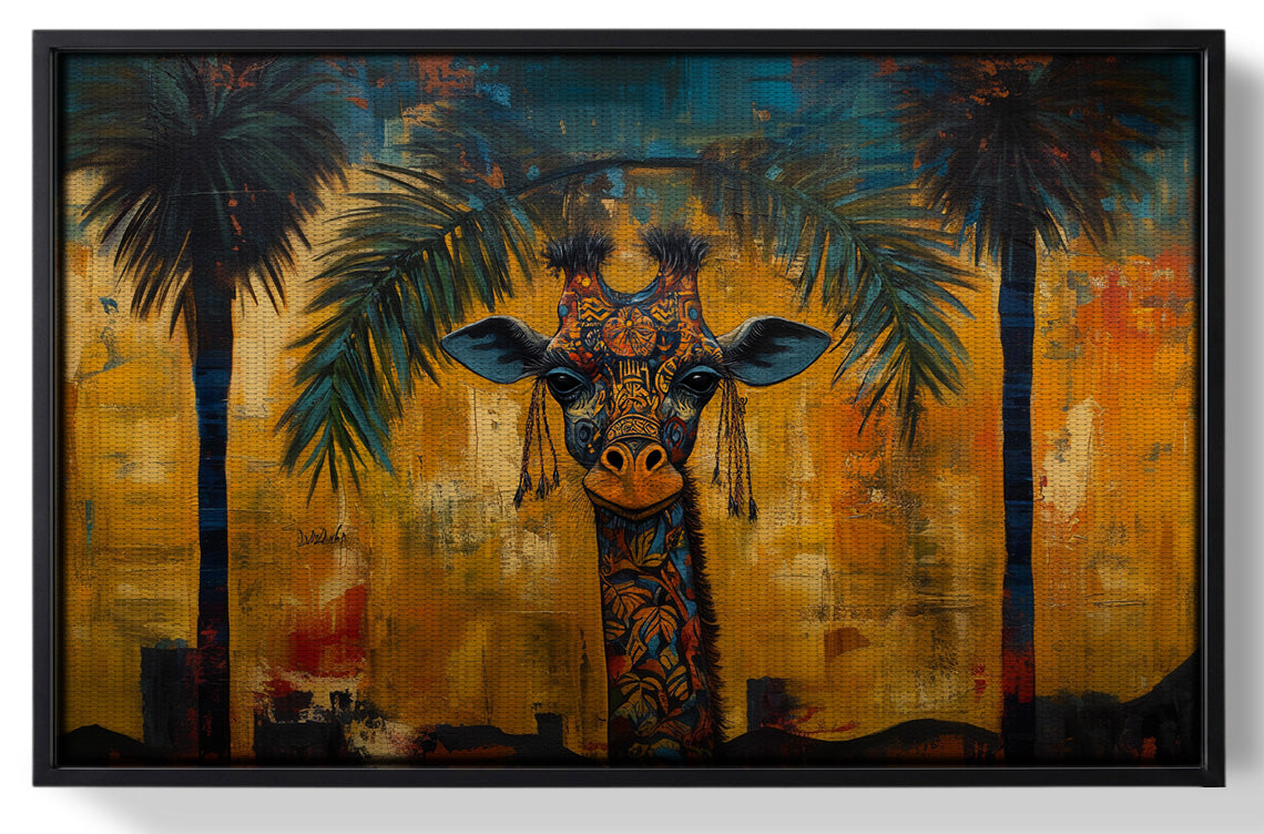 Framed Giraffe Tropical Palm Black Caribbean wall art for home decor