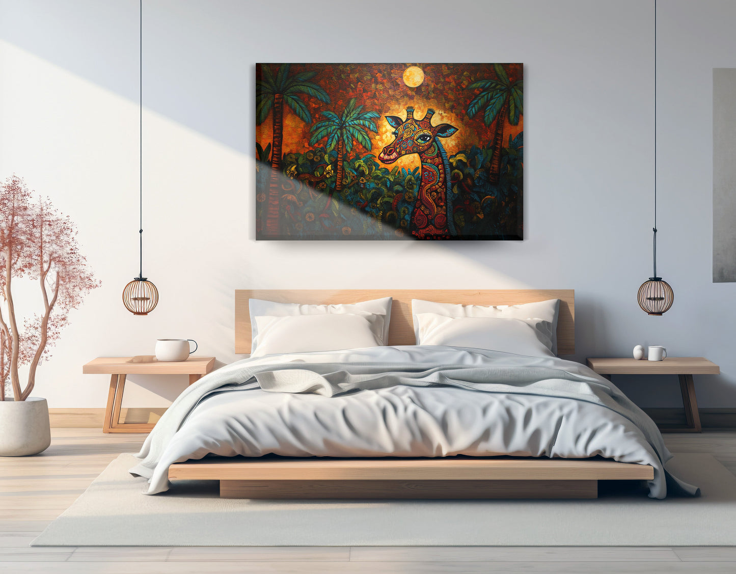 Giraffe Red Moon Jungle African American canvas print displayed as bedroom wall decor
