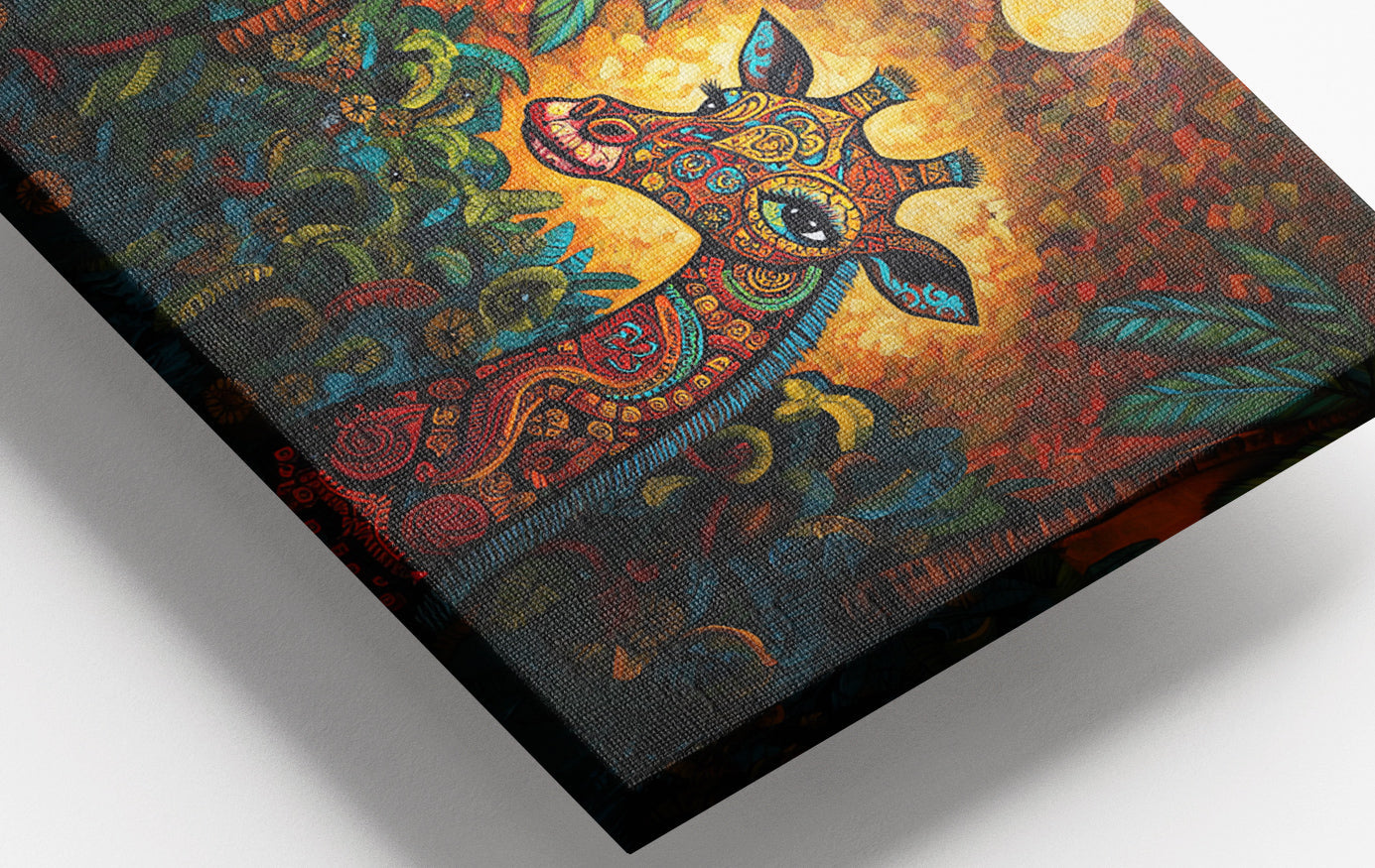 Close-up of Giraffe Red Moon Jungle African American canvas print detail