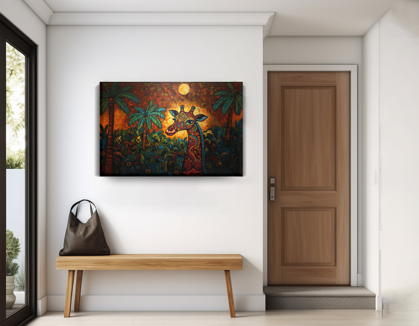 Giraffe Red Moon Jungle African American canvas print displayed as entryway wall decor