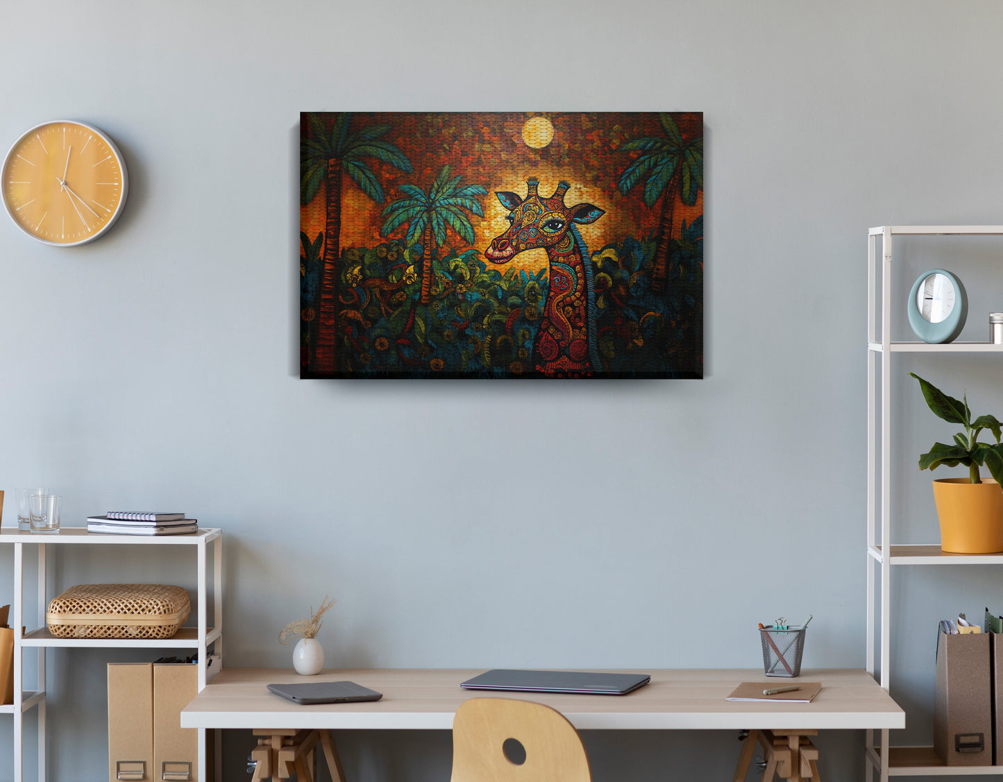 Giraffe Red Moon Jungle African American canvas print displayed as office wall decor