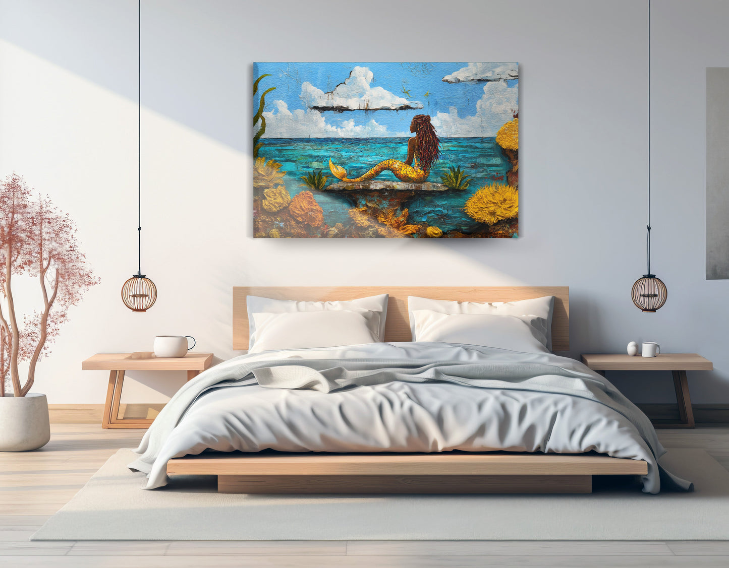 Black Mermaid Beach Caribbean wall art displayed as bedroom wall decor