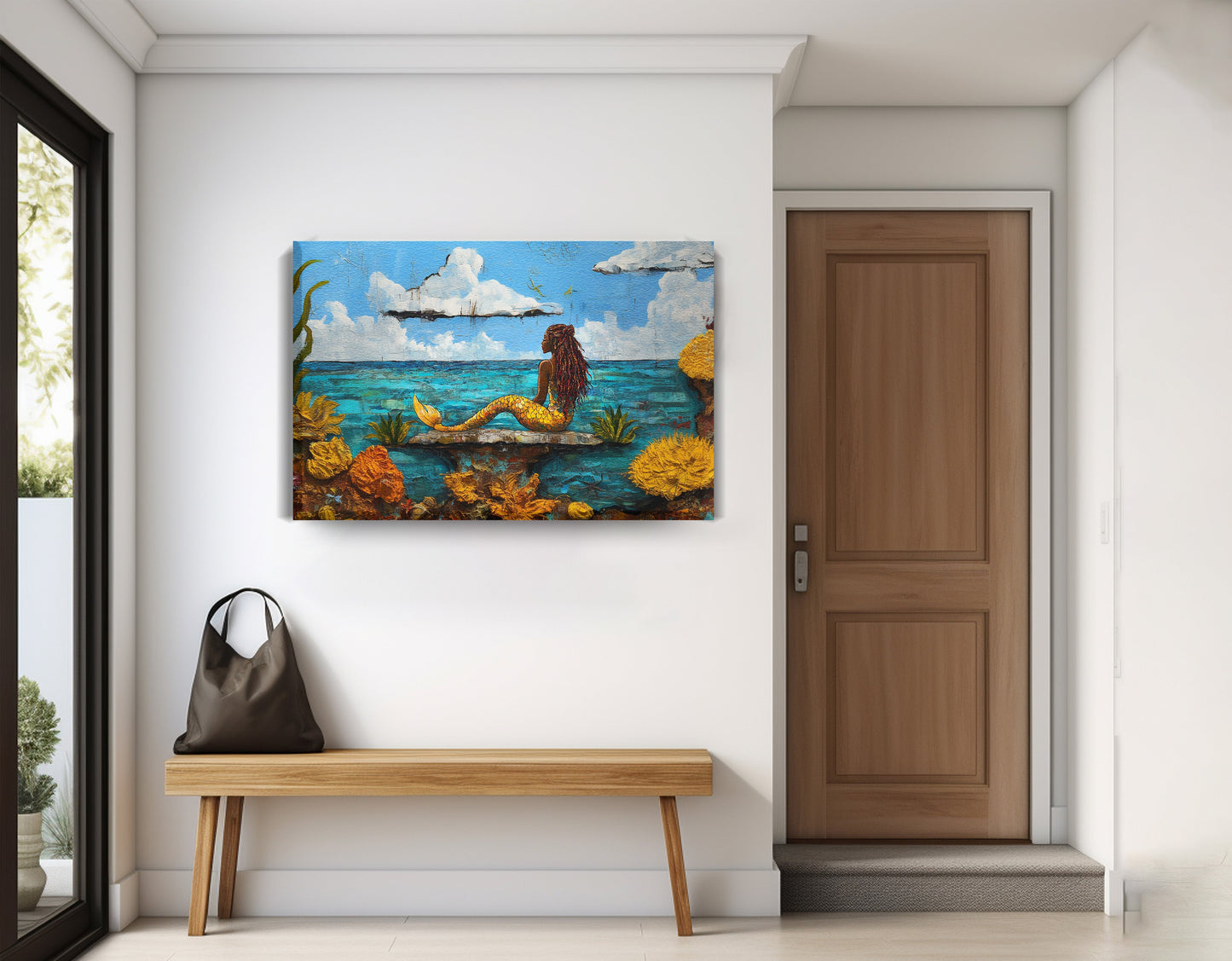 Black Mermaid Beach Caribbean wall art displayed as entryway wall decor