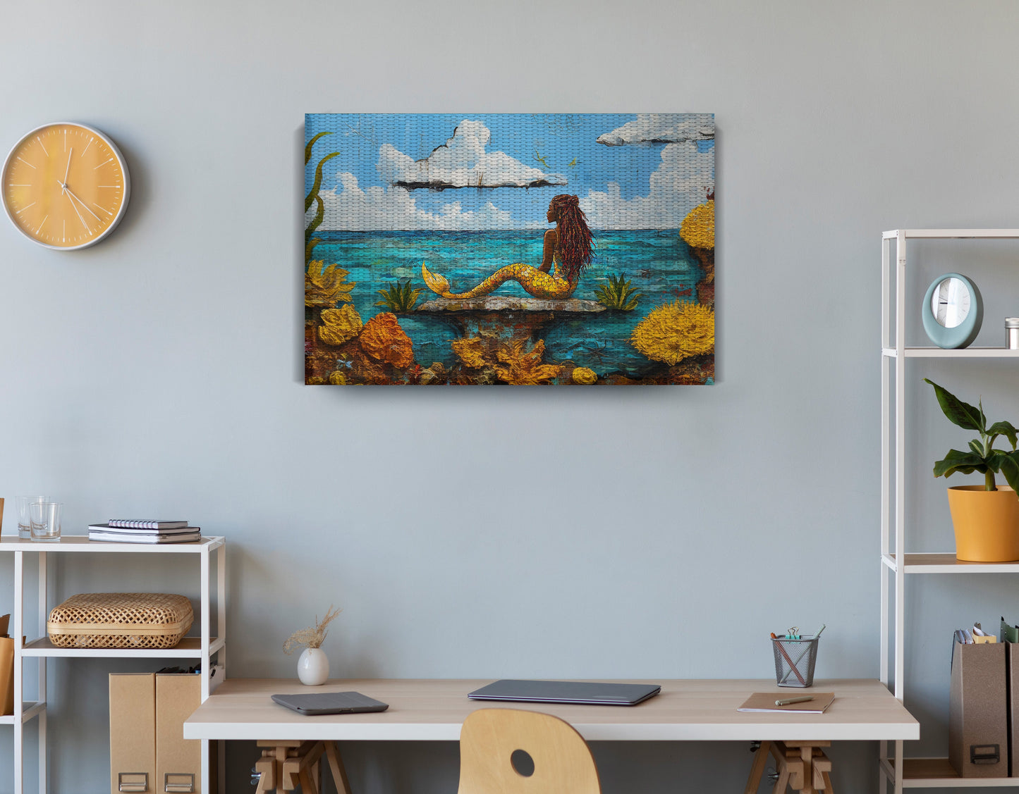 Black Mermaid Beach Caribbean wall art displayed as office wall decor
