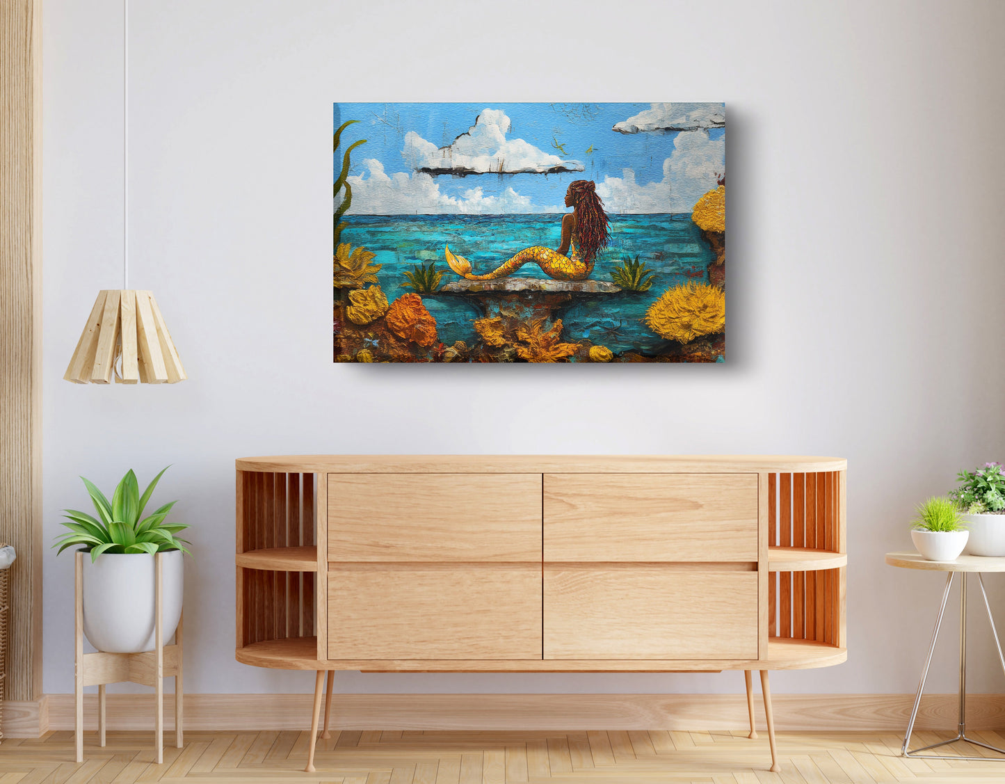 Black Mermaid Beach Caribbean wall art displayed as living room wall decor