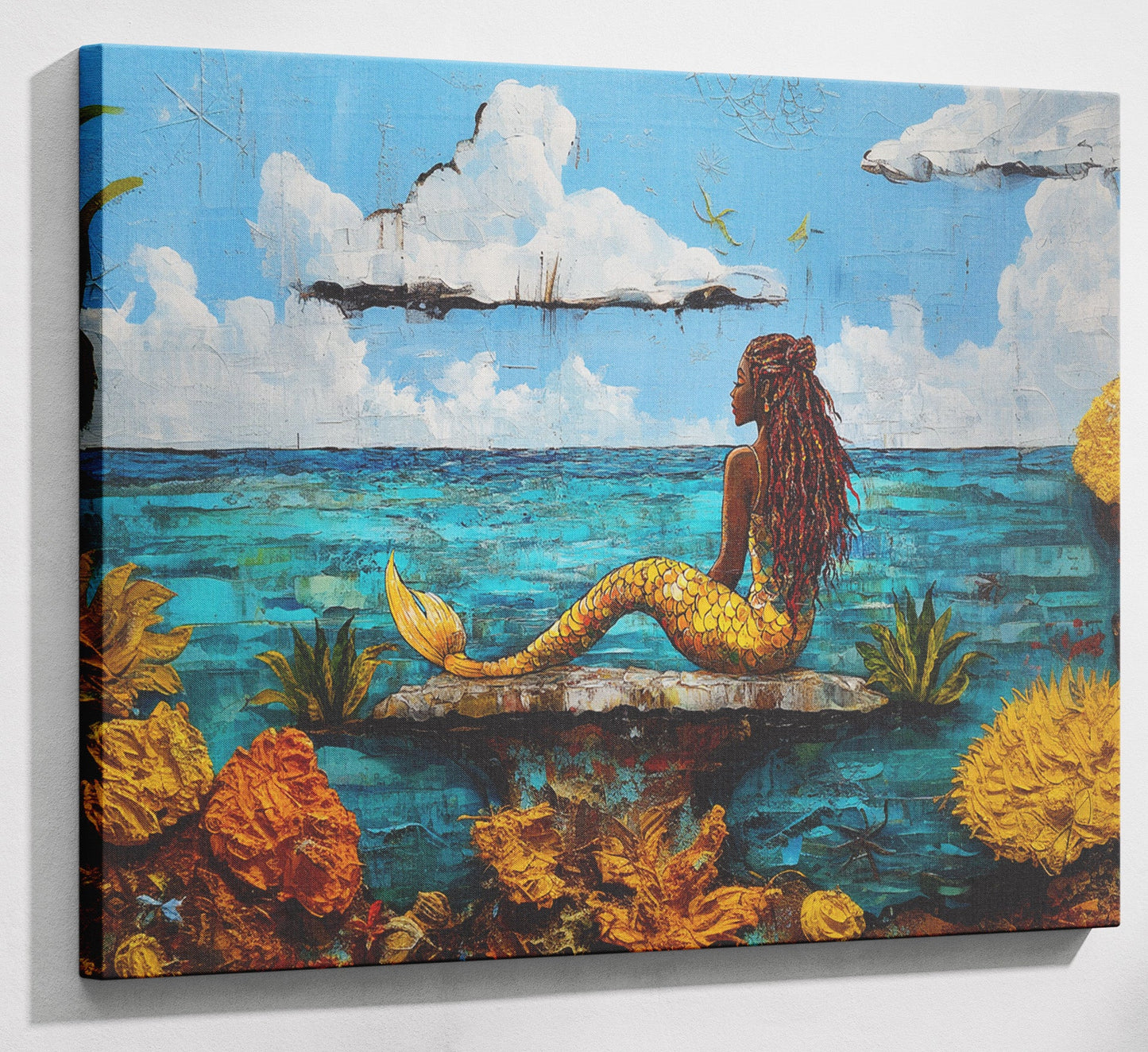 Black Mermaid Beach Caribbean wall art canvas print with visible wall art format