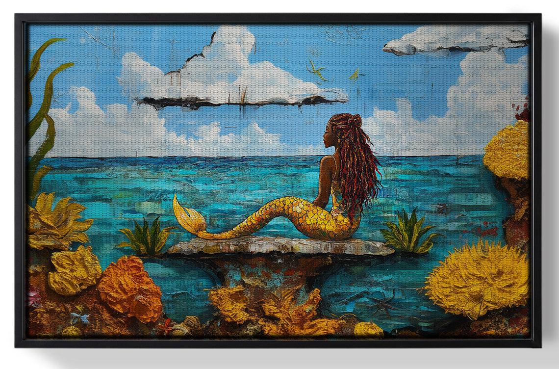 Framed Black Mermaid Beach Caribbean wall art for home decor