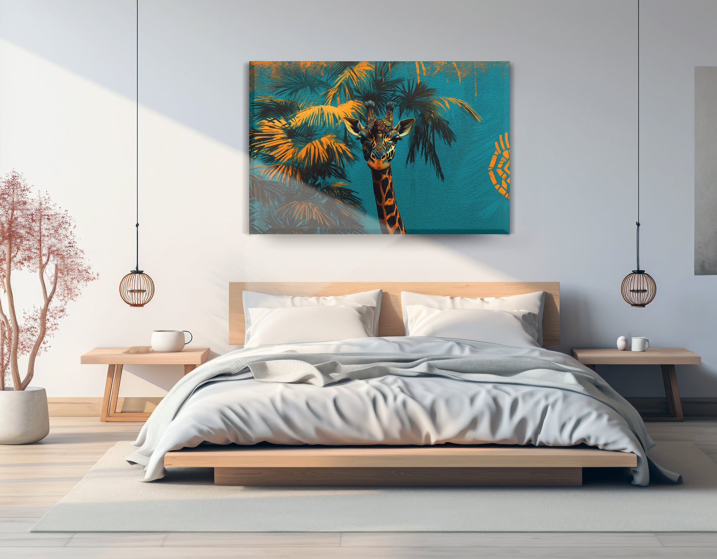 Giraffe Palm Tree African American canvas print displayed as bedroom wall decor
