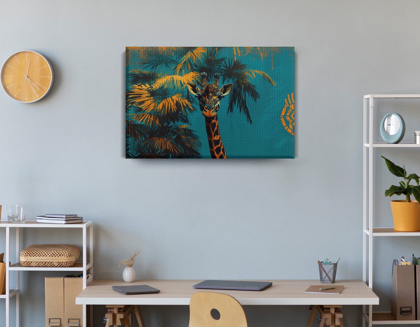 Giraffe Palm Tree African American canvas print displayed as office wall decor