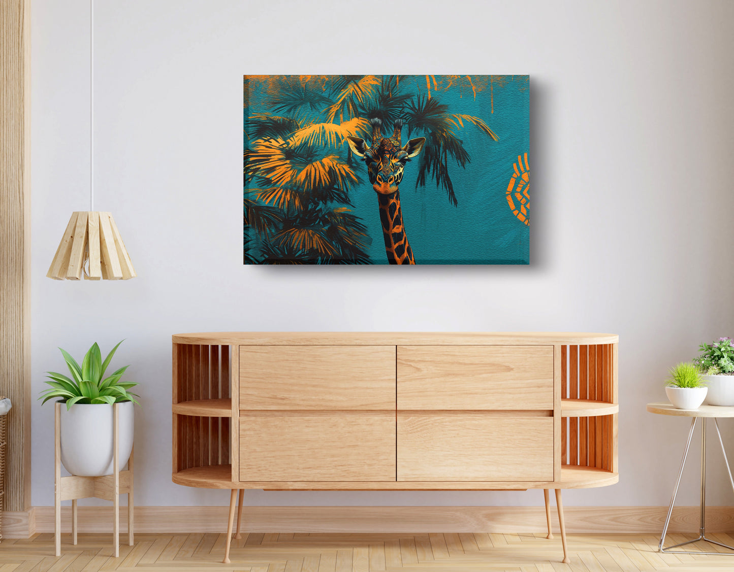 Giraffe Palm Tree African American canvas print displayed as living room wall decor