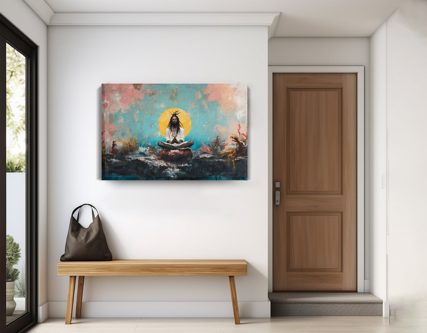 Black Woman Water Meditation African American wall art displayed as entryway wall decor