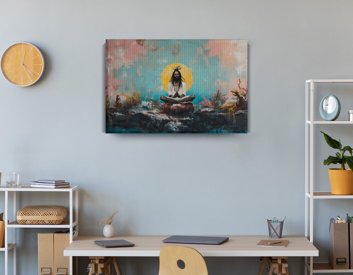 Black Woman Water Meditation African American wall art displayed as office wall decor