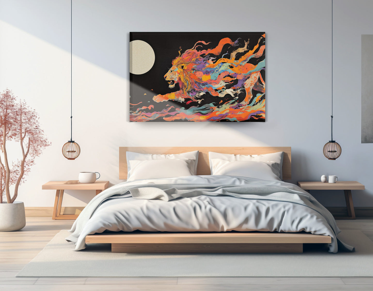 Fiery Lion Moon Black African American canvas print displayed as bedroom wall decor