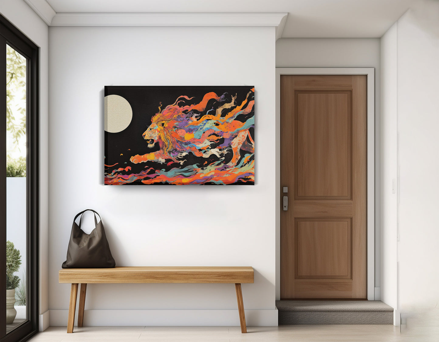Fiery Lion Moon Black African American canvas print displayed as entryway wall decor