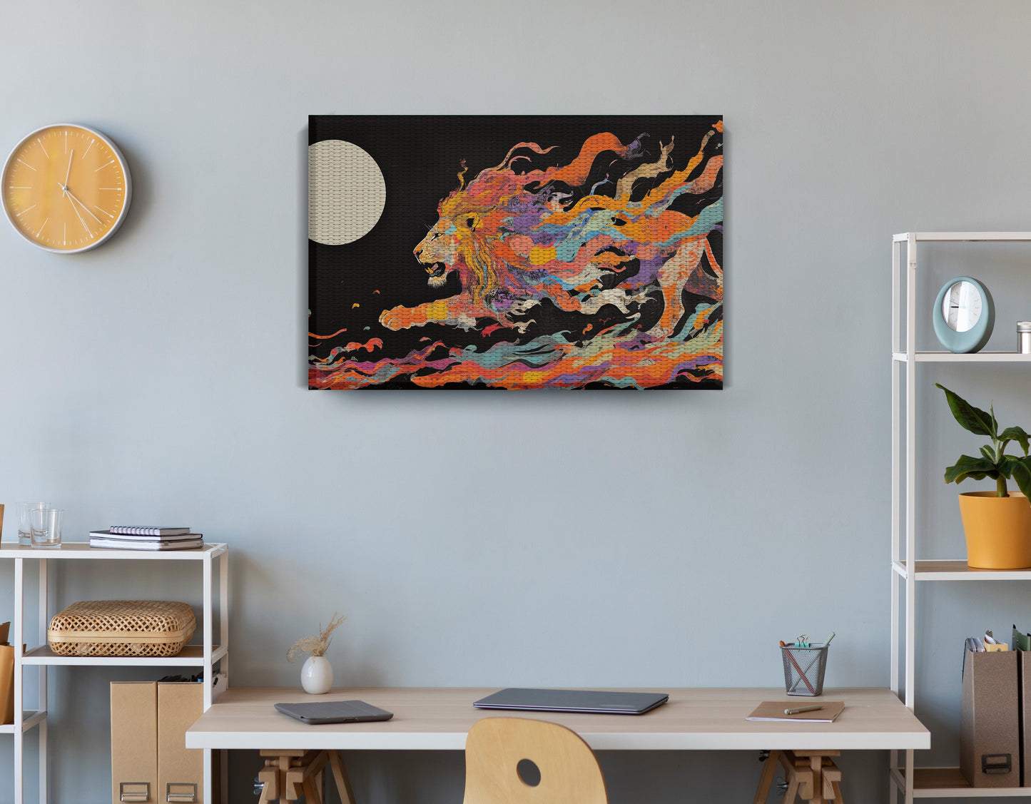 Fiery Lion Moon Black African American canvas print displayed as office wall decor
