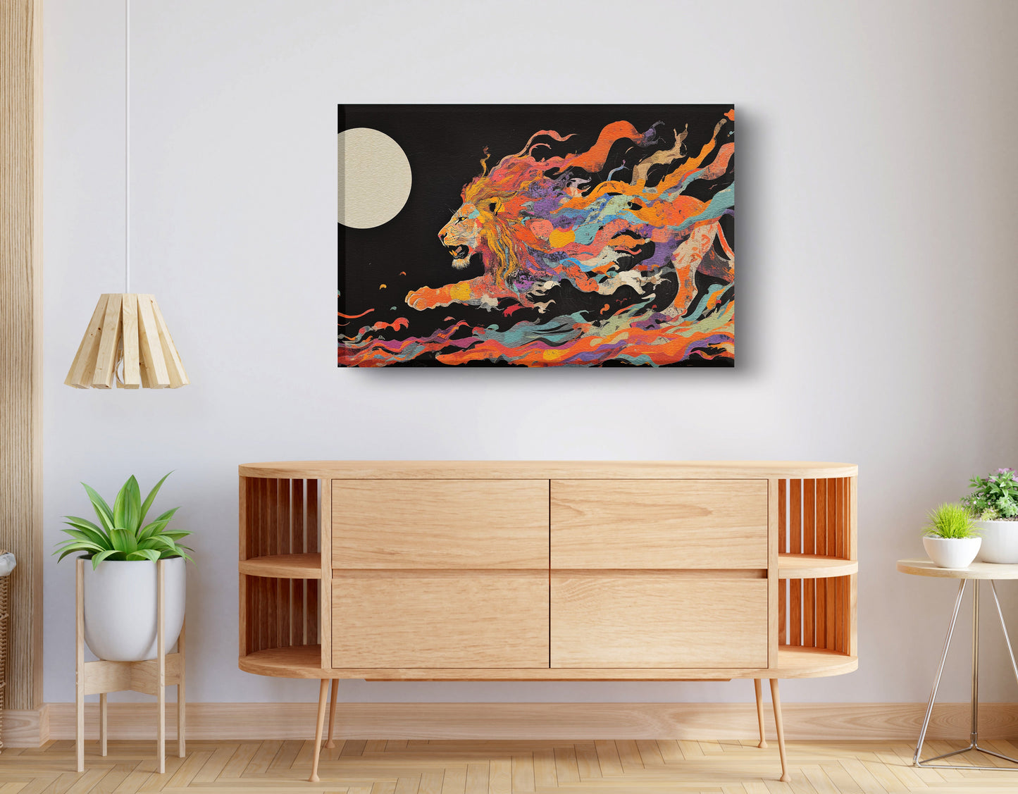 Fiery Lion Moon Black African American canvas print displayed as living room wall decor