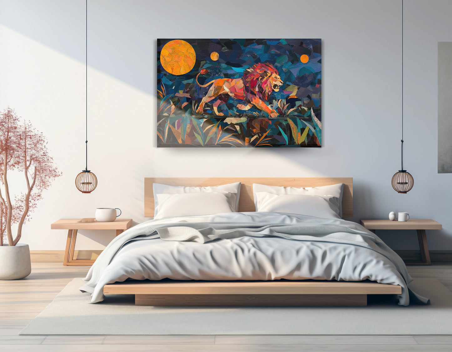 Colorful Lion Moon African American canvas print displayed as bedroom wall decor