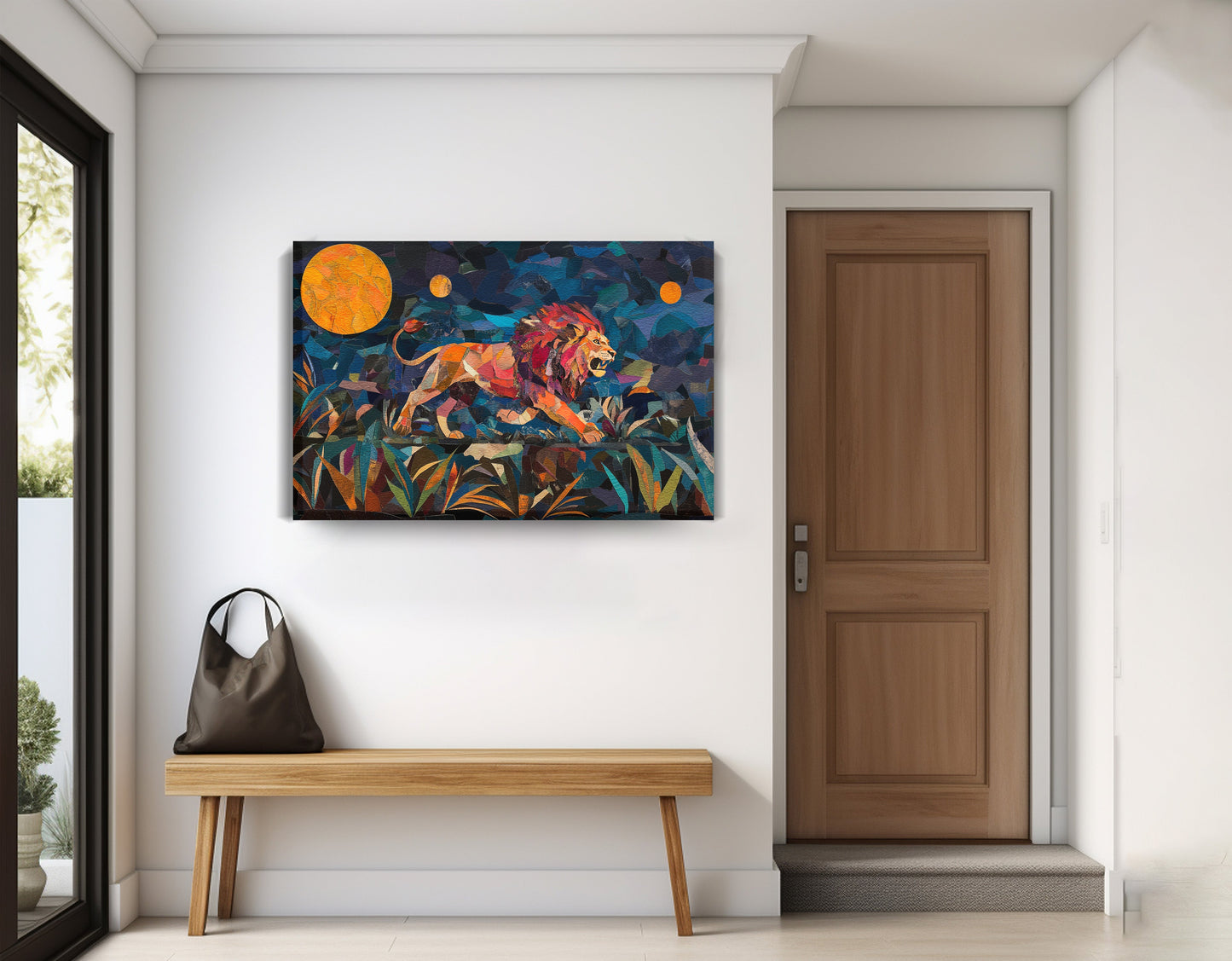Colorful Lion Moon African American canvas print displayed as entryway wall decor