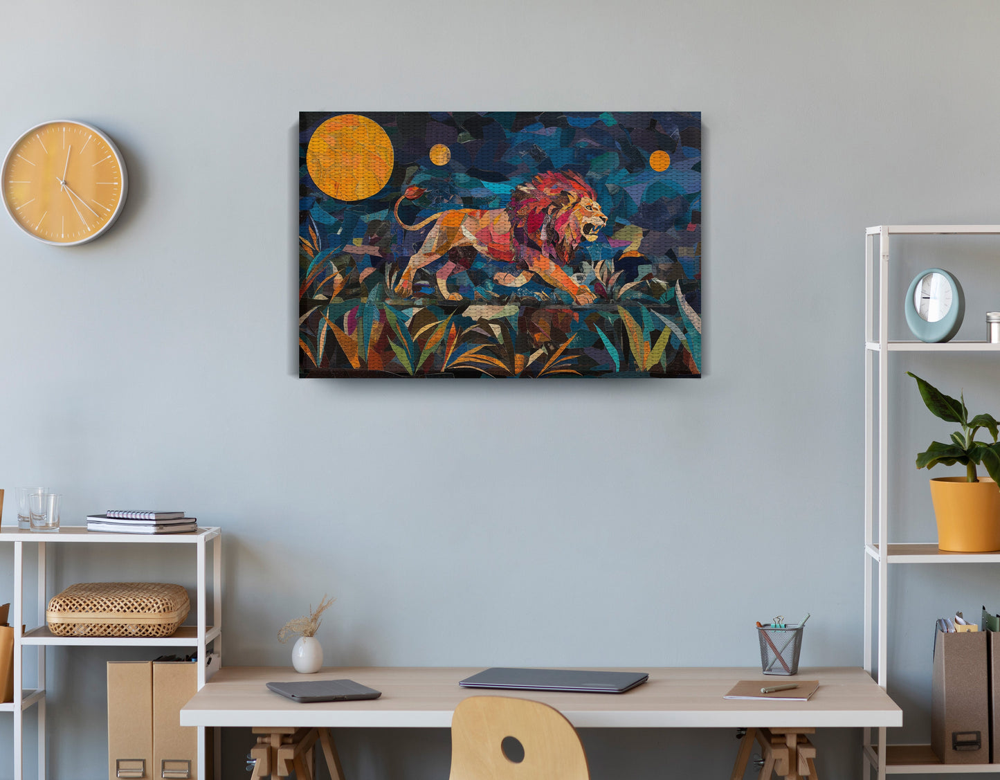 Colorful Lion Moon African American canvas print displayed as office wall decor