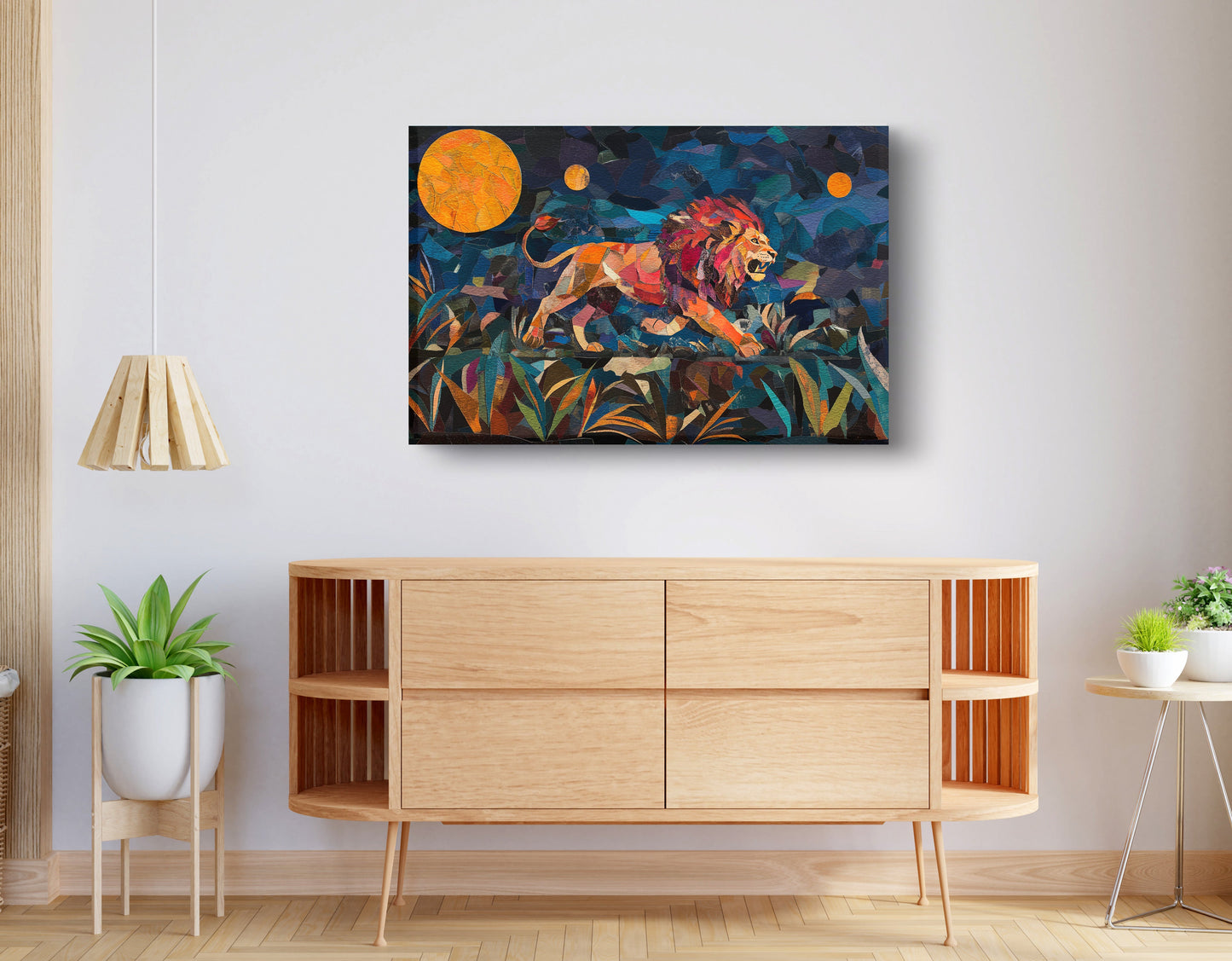 Colorful Lion Moon African American canvas print displayed as living room wall decor