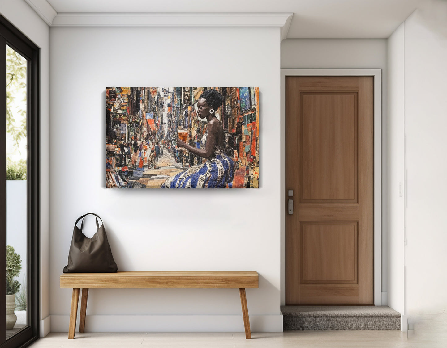 Black Woman Sewing Collage African American wall art displayed as entryway wall decor
