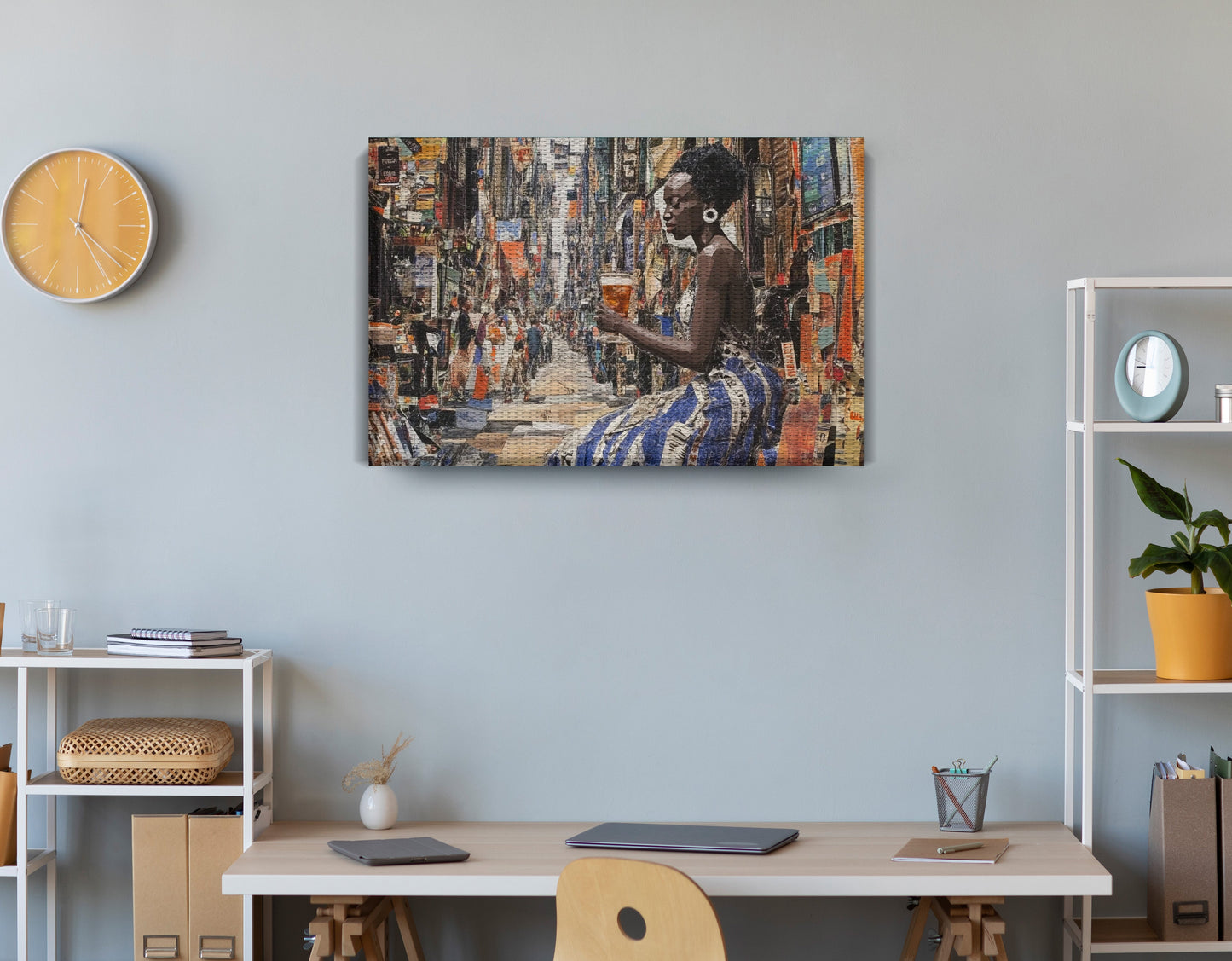 Black Woman Sewing Collage African American wall art displayed as office wall decor