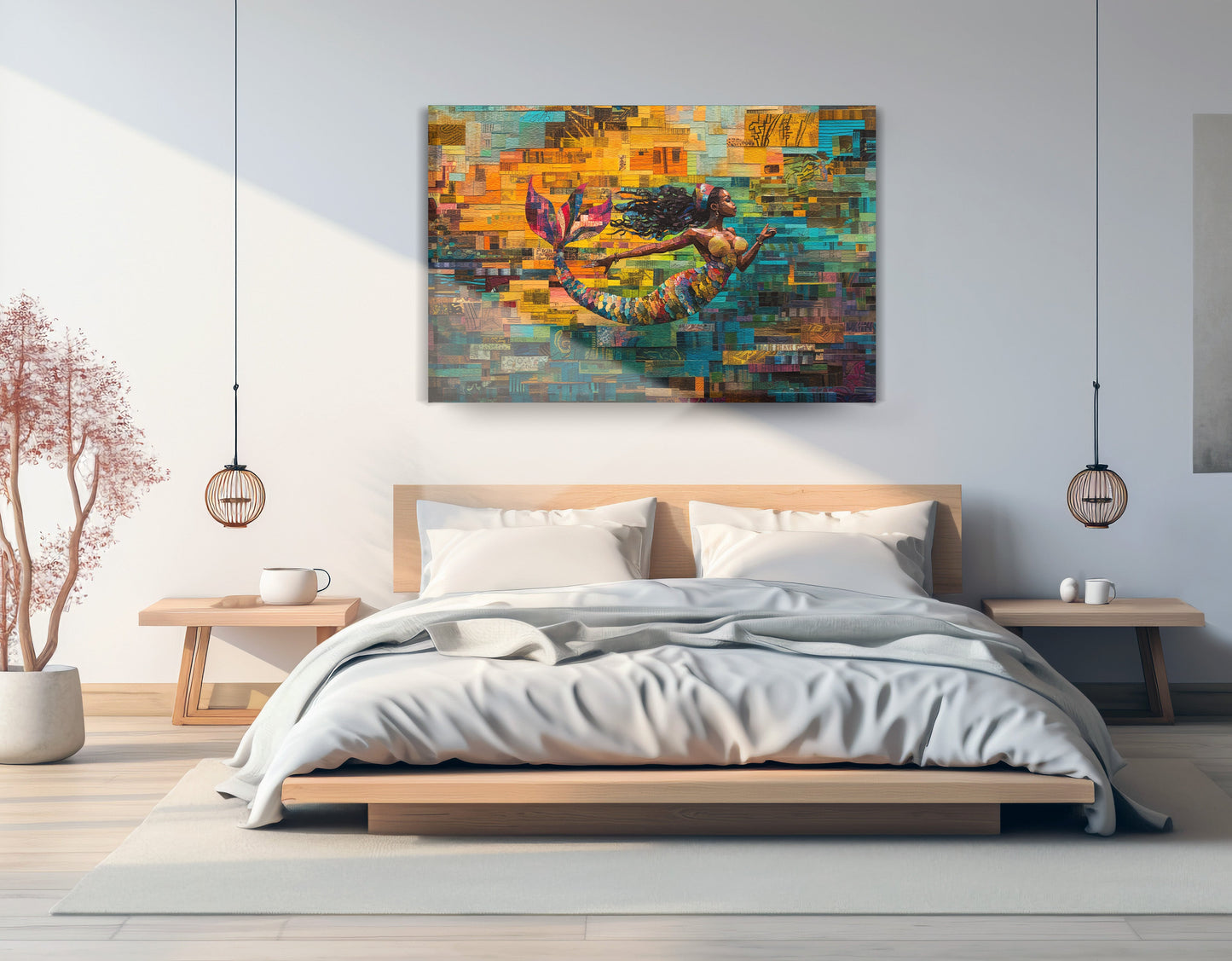 Black Mermaid Mosaic Ocean Caribbean wall art displayed as bedroom wall decor