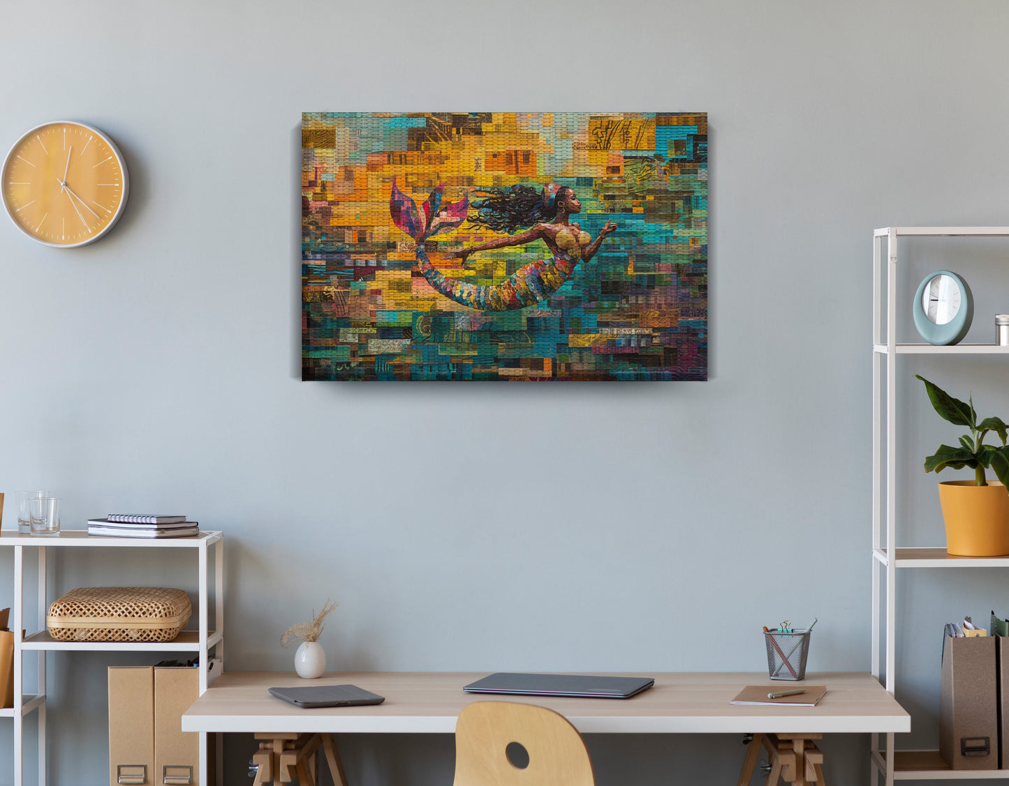 Black Mermaid Mosaic Ocean Caribbean wall art displayed as office wall decor
