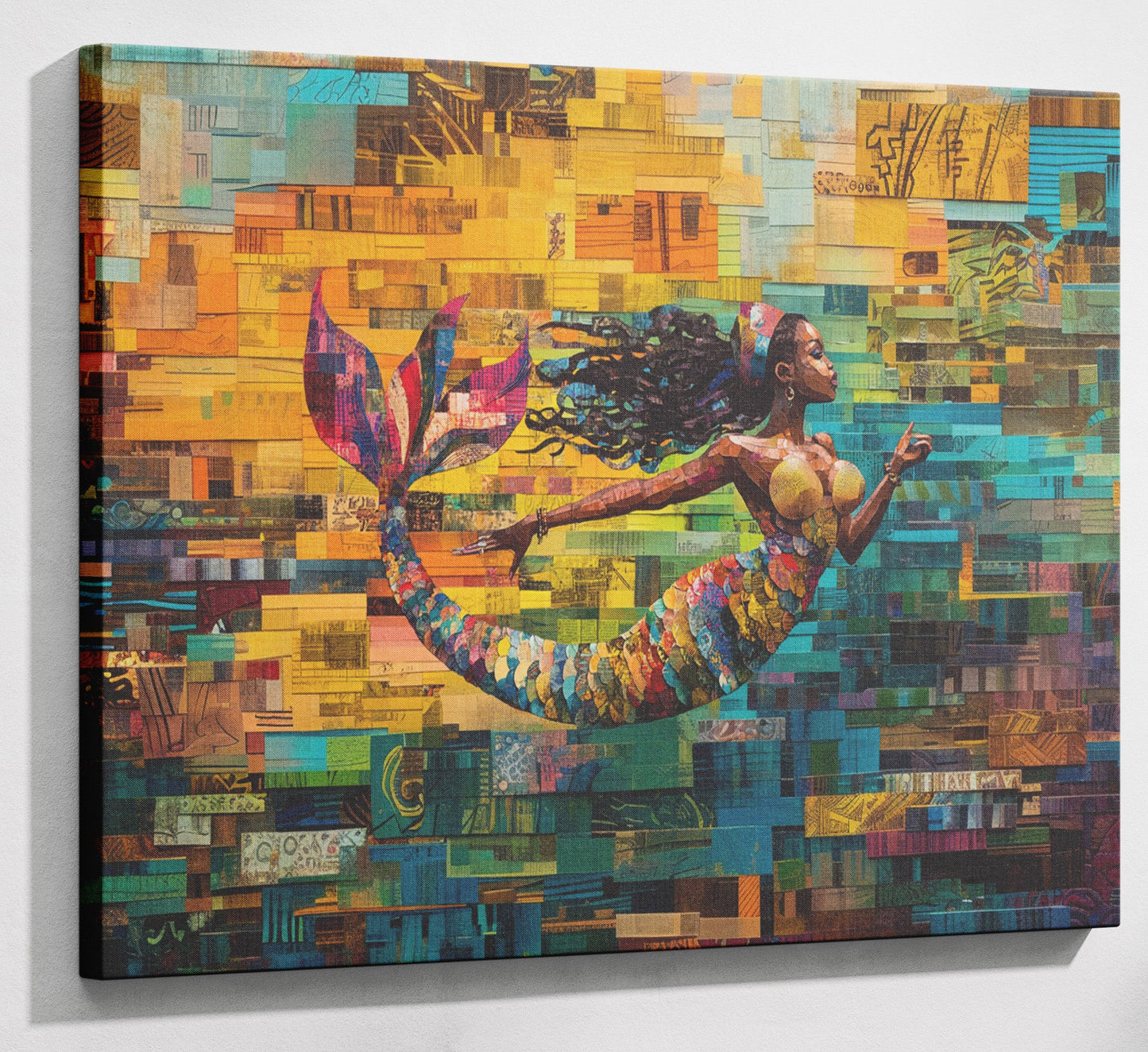 Black Mermaid Mosaic Ocean Caribbean wall art canvas print with visible wall art format