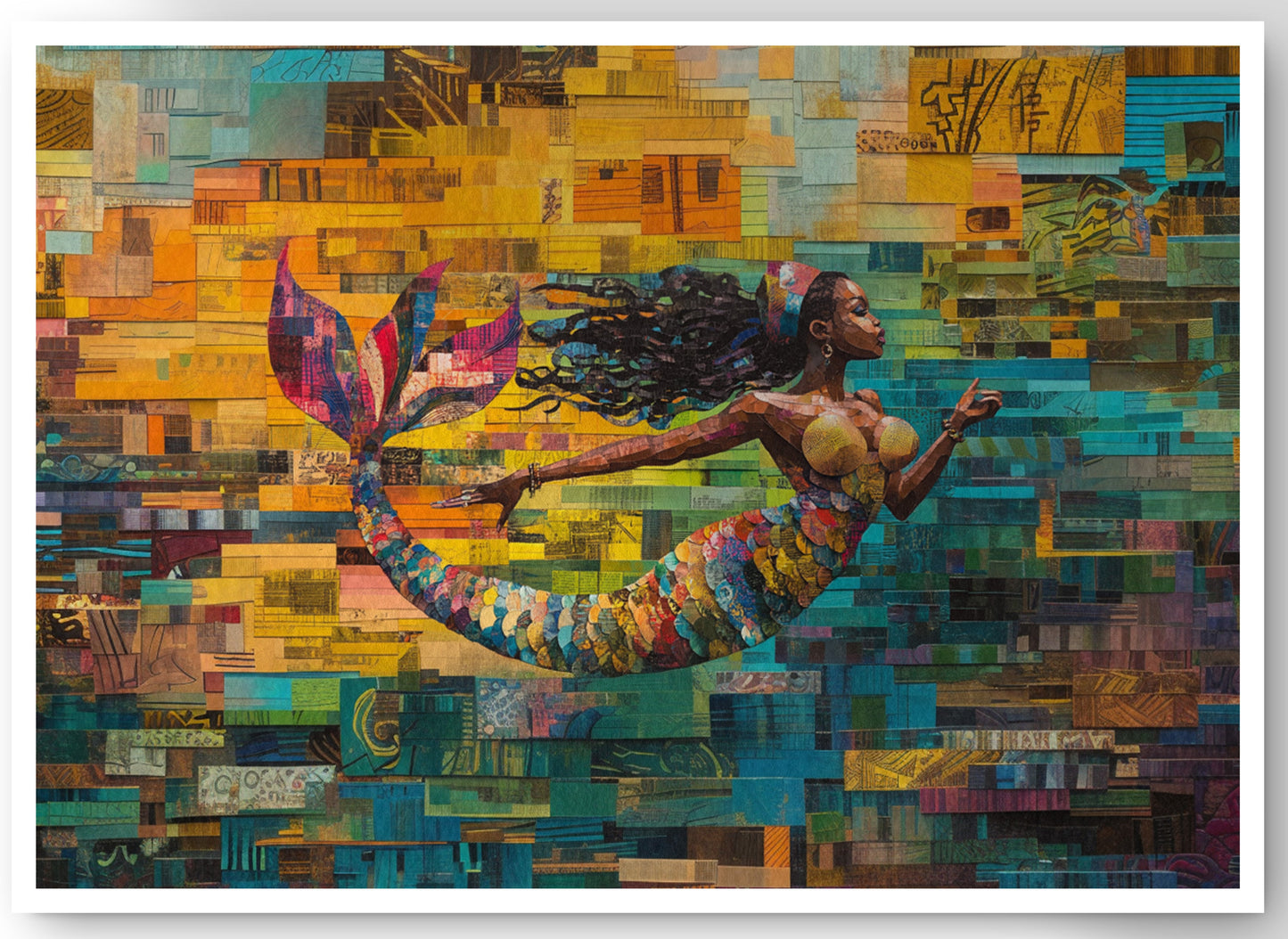 Black Mermaid Mosaic Ocean Caribbean wall art canvas print by MoomZee Artwork