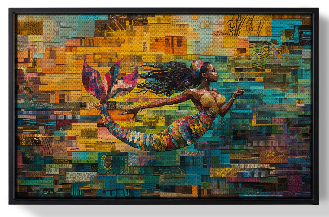 Framed Black Mermaid Mosaic Ocean Caribbean wall art for home decor