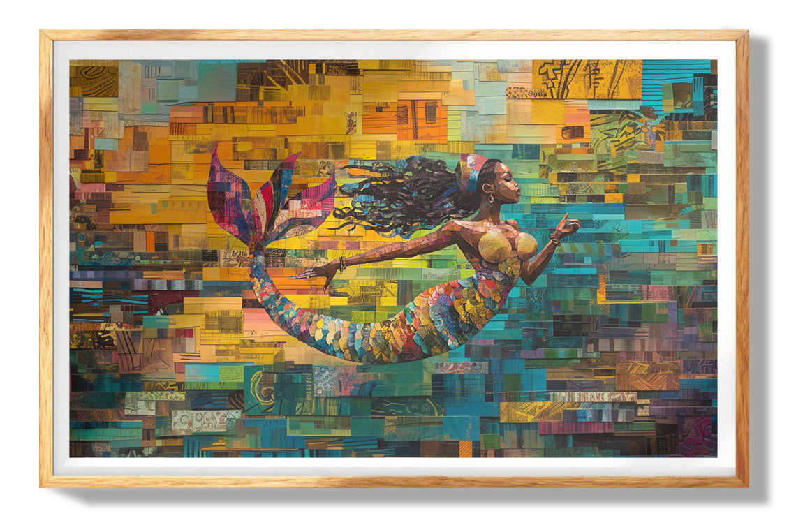 Black Mermaid Mosaic Ocean Caribbean wall art shown for size and home styling reference
