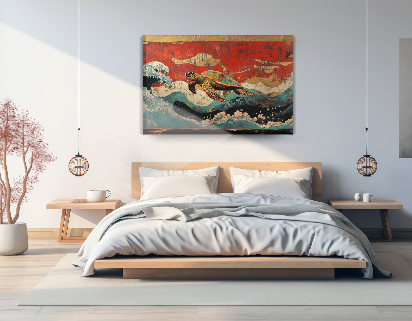 Sea Turtle Ocean Black Caribbean wall art displayed as bedroom wall decor