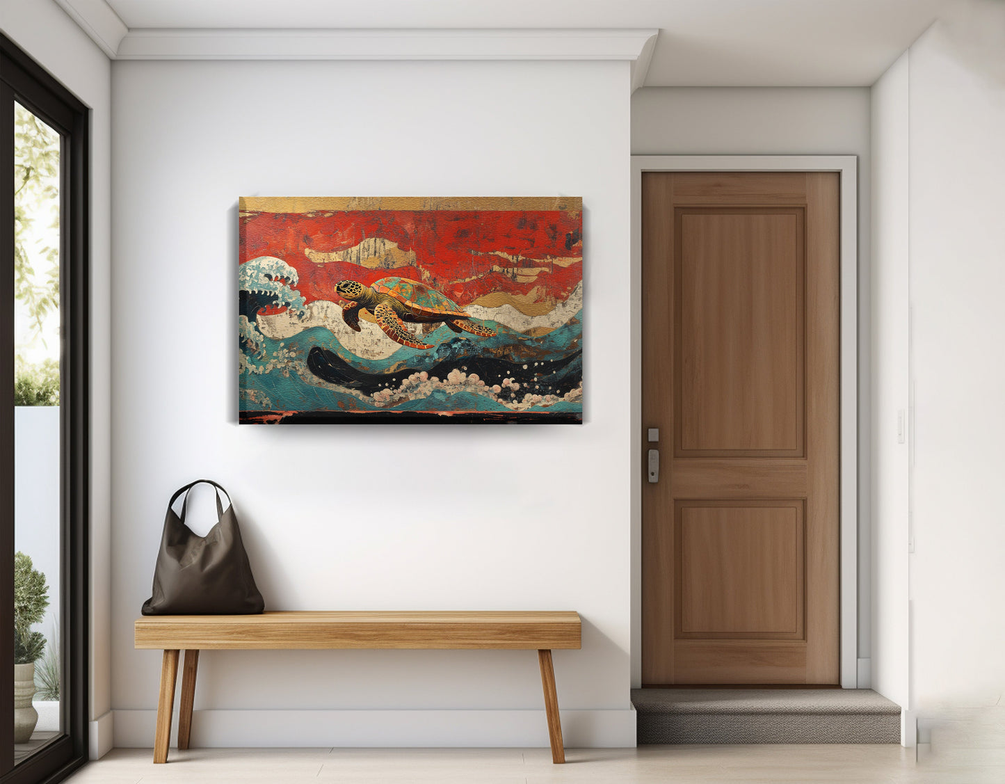 Sea Turtle Ocean Black Caribbean wall art displayed as entryway wall decor