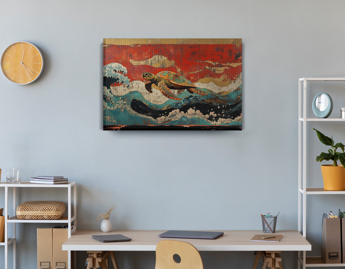 Sea Turtle Ocean Black Caribbean wall art displayed as office wall decor