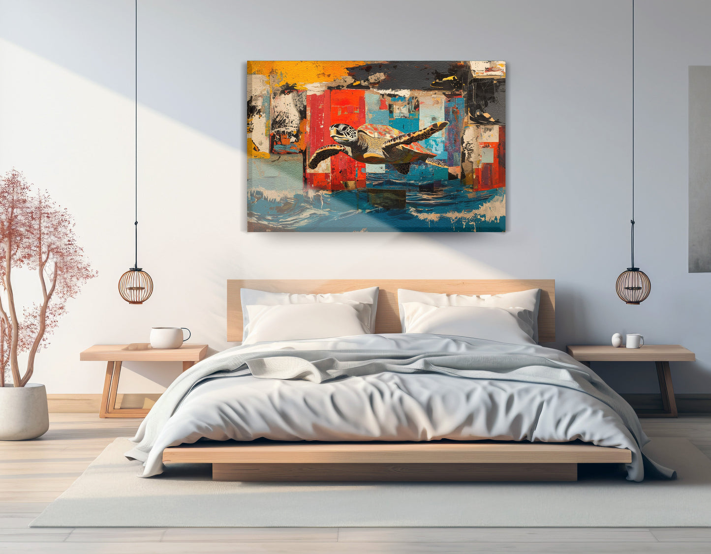 Sea Turtle Abstract Ocean Caribbean wall art displayed as bedroom wall decor
