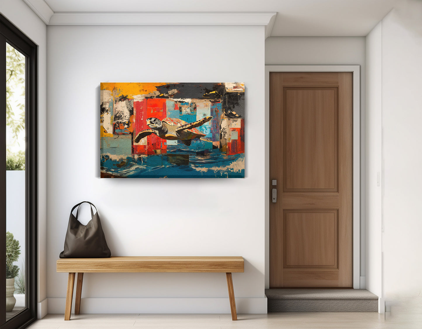 Sea Turtle Abstract Ocean Caribbean wall art displayed as entryway wall decor